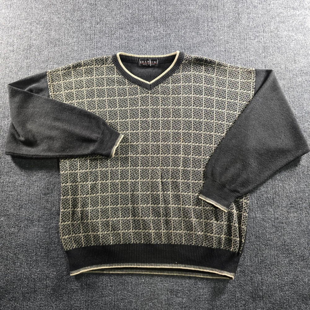 Brandini Mens V-Neck Sweater Large Black Tan Grid Knit Wool Blend Made in Italy